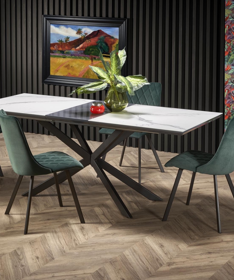 DIESEL extension table, color: top - white marble / dark grey, legs - black