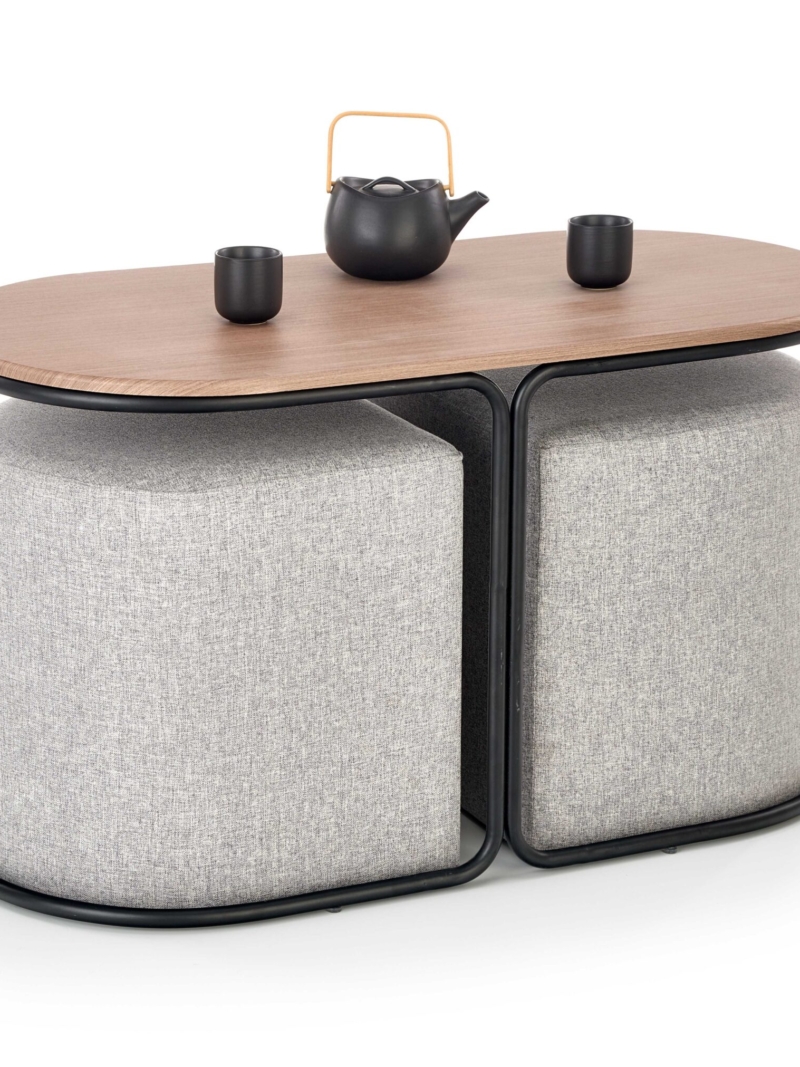 PAMPA, coffee table with pouffes, top: walnut, legs: black, pouffe: grey