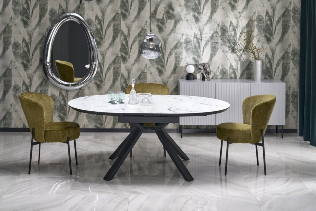 VERTIGO extension table, color: top - white marble, legs - black