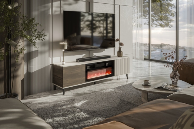 RANDOM 2 RTV-K TV stand with fireplace 180 cm, cashmere / walnut / black