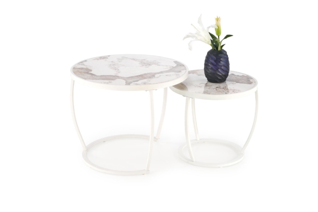 INES set of two coffee tables, beige marble / white
