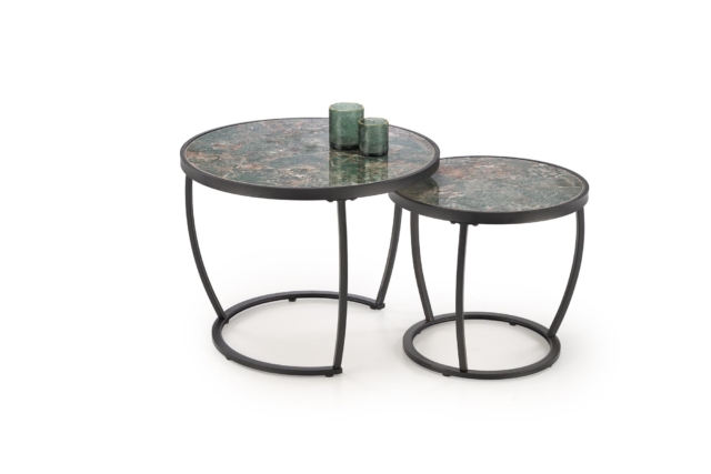 INES set of two coffee tables, green marble / black