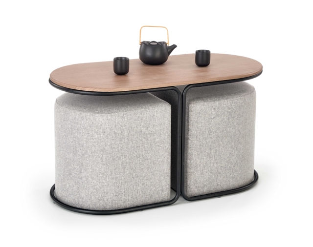 PAMPA, coffee table with pouffes, top: walnut, legs: black, pouffe: grey
