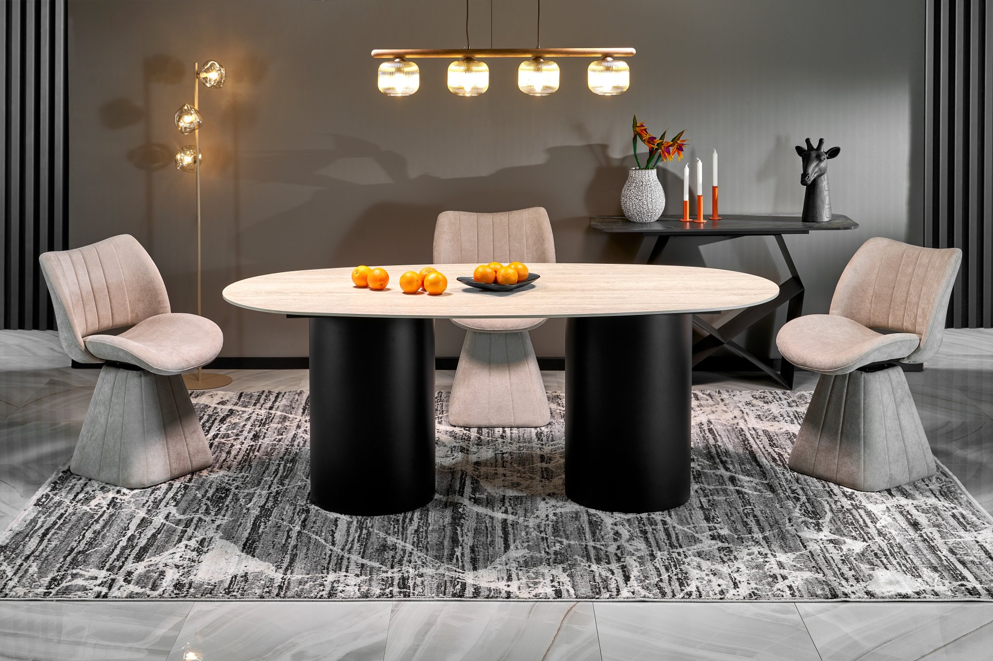 JULIUS oval table, light travertine / black
